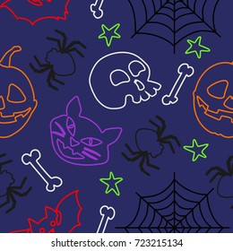 Vector Pattern with multicolored outlines of Halloween celebration symbols pumpkin and bat, spider web and spider, skull, bone and cat on a dark background.