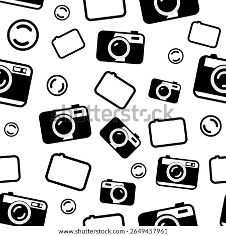 Vector pattern with multiple camera icons and accessories in black on a white background. Great for creative photography-related designs and products.