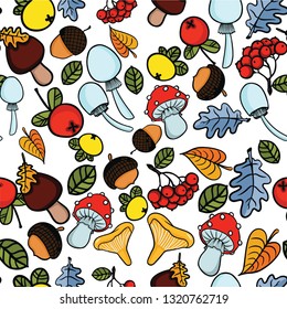  vector pattern with mushrooms, leaves, berries and apples