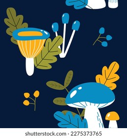 Vector pattern with mushrooms and leaves. Bright forest background. Seamless background with colorful mushrooms. Fabric, paper, wallpaper