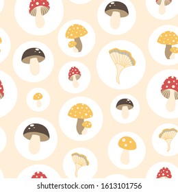Vector pattern with mushrooms in white bubbles