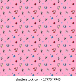 Vector pattern music icons, headsets, earphone, mic. Cute music background.  Fashion pattern for print, wrapping paper