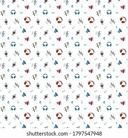 Vector pattern music icons, headsets, earphone, mic. Cute music background.  Fashion pattern for print, wrapping paper