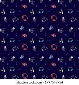 Vector pattern music icons, headsets, earphone, mic. Cute music background.  Fashion pattern for print, wrapping paper