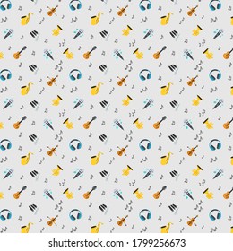 Vector pattern music icons, headsets, earphone, mic. Cute music background.  Fashion pattern for print, wrapping paper