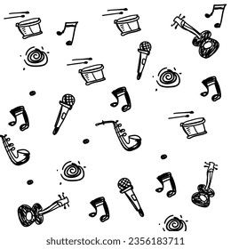 Vector pattern with musical intstruments hand drawing style black and white