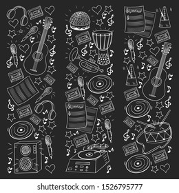 Vector pattern with musical intstruments. Rock, jazz, disco, karaoke. Modern and classic music. Doodle style icons.