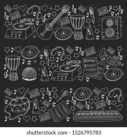 Vector pattern with musical intstruments. Rock, jazz, disco, karaoke. Modern and classic music. Doodle style icons.