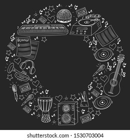 Vector pattern with musical intstruments. Rock, jazz, disco, karaoke. Modern and classic music. Doodle style icons.