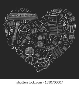 Vector pattern with musical intstruments. Rock, jazz, disco, karaoke. Modern and classic music. Doodle style icons.