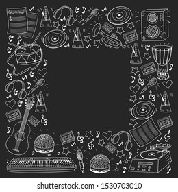 Vector pattern with musical intstruments. Rock, jazz, disco, karaoke. Modern and classic music. Doodle style icons.