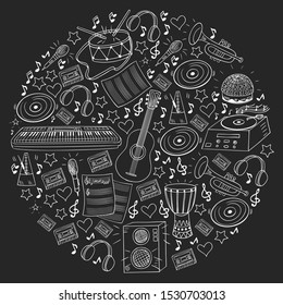 Vector pattern with musical intstruments. Rock, jazz, disco, karaoke. Modern and classic music. Doodle style icons.