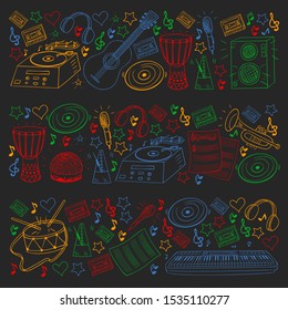 Vector pattern with musical intstruments. Rock, jazz, disco, karaoke. Modern and classic music. Doodle style icons.