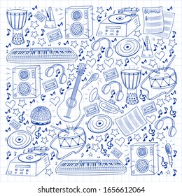 Vector pattern with musical intstruments. Rock, jazz, disco, karaoke. Modern and classic music. Doodle style icons.