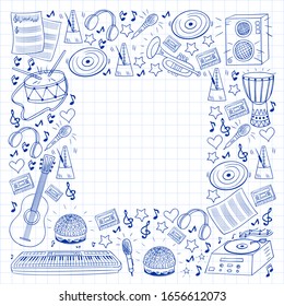 Vector pattern with musical intstruments. Rock, jazz, disco, karaoke. Modern and classic music. Doodle style icons.