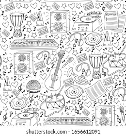 Vector pattern with musical intstruments. Rock, jazz, disco, karaoke. Modern and classic music. Doodle style icons.