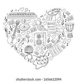 Vector pattern with musical intstruments. Rock, jazz, disco, karaoke. Modern and classic music. Doodle style icons.