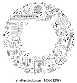 Vector pattern with musical intstruments. Rock, jazz, disco, karaoke. Modern and classic music. Doodle style icons.