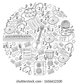 Vector pattern with musical intstruments. Rock, jazz, disco, karaoke. Modern and classic music. Doodle style icons.