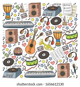 Vector pattern with musical intstruments. Rock, jazz, disco, karaoke. Modern and classic music. Doodle style icons.