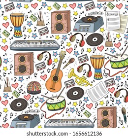 Vector pattern with musical intstruments. Rock, jazz, disco, karaoke. Modern and classic music. Doodle style icons.