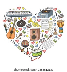 Vector pattern with musical intstruments. Rock, jazz, disco, karaoke. Modern and classic music. Doodle style icons.