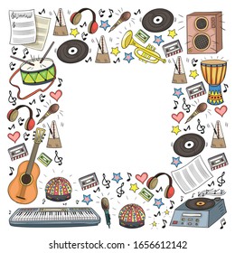 Vector pattern with musical intstruments. Rock, jazz, disco, karaoke. Modern and classic music. Doodle style icons.