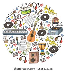 Vector pattern with musical intstruments. Rock, jazz, disco, karaoke. Modern and classic music. Doodle style icons.