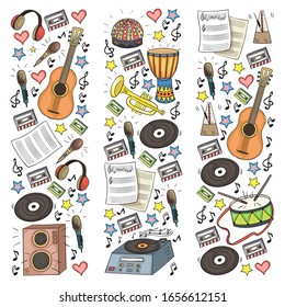 Vector pattern with musical intstruments. Rock, jazz, disco, karaoke. Modern and classic music. Doodle style icons.