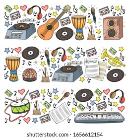 Vector pattern with musical intstruments. Rock, jazz, disco, karaoke. Modern and classic music. Doodle style icons.