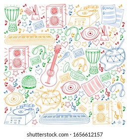 Vector pattern with musical intstruments. Rock, jazz, disco, karaoke. Modern and classic music. Doodle style icons.