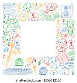 Vector pattern with musical intstruments. Rock, jazz, disco, karaoke. Modern and classic music. Doodle style icons.