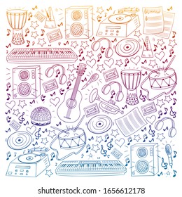 Vector pattern with musical intstruments. Rock, jazz, disco, karaoke. Modern and classic music. Doodle style icons.