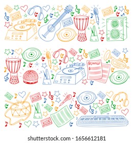 Vector pattern with musical intstruments. Rock, jazz, disco, karaoke. Modern and classic music. Doodle style icons.