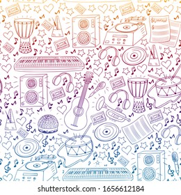 Vector pattern with musical intstruments. Rock, jazz, disco, karaoke. Modern and classic music. Doodle style icons.