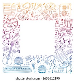 Vector pattern with musical intstruments. Rock, jazz, disco, karaoke. Modern and classic music. Doodle style icons.