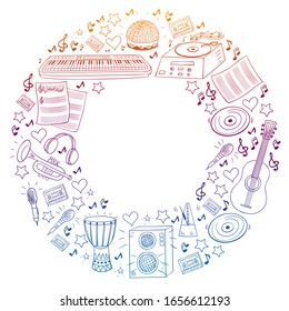 Vector pattern with musical intstruments. Rock, jazz, disco, karaoke. Modern and classic music. Doodle style icons.