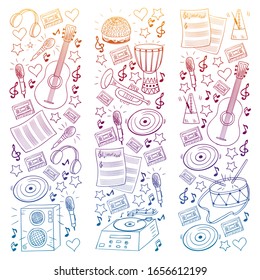 Vector pattern with musical intstruments. Rock, jazz, disco, karaoke. Modern and classic music. Doodle style icons.