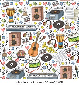 Vector pattern with musical intstruments. Rock, jazz, disco, karaoke. Modern and classic music. Doodle style icons.