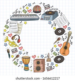 Vector pattern with musical intstruments. Rock, jazz, disco, karaoke. Modern and classic music. Doodle style icons.