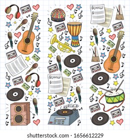 Vector pattern with musical intstruments. Rock, jazz, disco, karaoke. Modern and classic music. Doodle style icons.