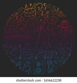 Vector pattern with musical intstruments. Rock, jazz, disco, karaoke. Modern and classic music. Doodle style icons.