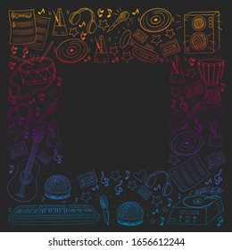 Vector pattern with musical intstruments. Rock, jazz, disco, karaoke. Modern and classic music. Doodle style icons.