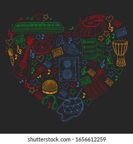 Vector pattern with musical intstruments. Rock, jazz, disco, karaoke. Modern and classic music. Doodle style icons.