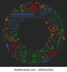 Vector pattern with musical intstruments. Rock, jazz, disco, karaoke. Modern and classic music. Doodle style icons.