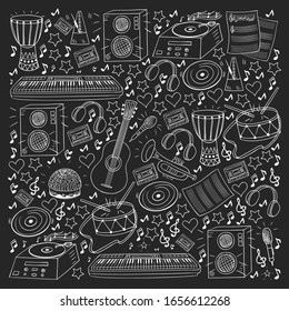 Vector pattern with musical intstruments. Rock, jazz, disco, karaoke. Modern and classic music. Doodle style icons.