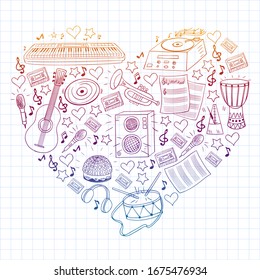 Vector pattern with musical intstruments. Rock, jazz, disco, karaoke. Modern and classic music. Doodle style icons.