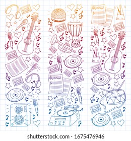 Vector pattern with musical intstruments. Rock, jazz, disco, karaoke. Modern and classic music. Doodle style icons.