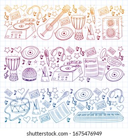 Vector pattern with musical intstruments. Rock, jazz, disco, karaoke. Modern and classic music. Doodle style icons.