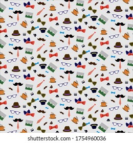 Vector pattern with mustaches, neckties, glasses, work bag, cup of coffee. Male hipster background. Fashion pattern for print, wrapping paper